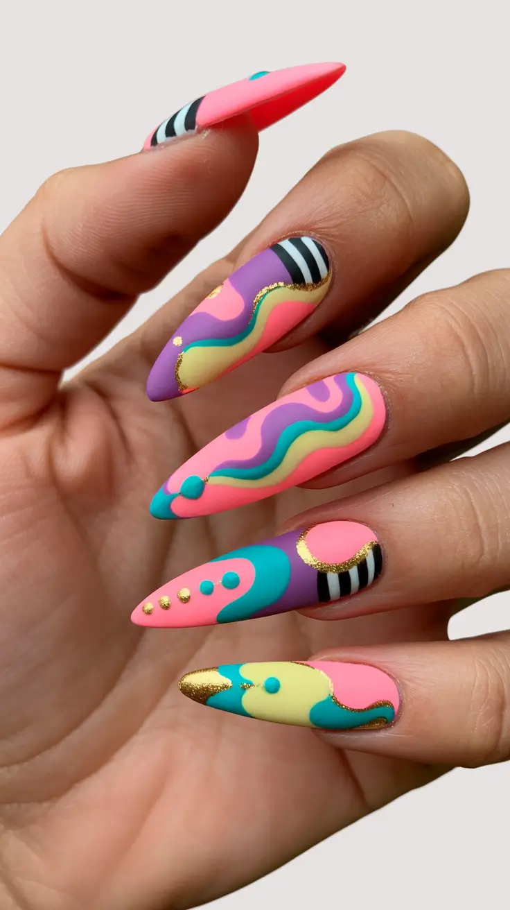 Color Block Nail Ideas for Fall 2025 Whimsical Waves with Gold Accents