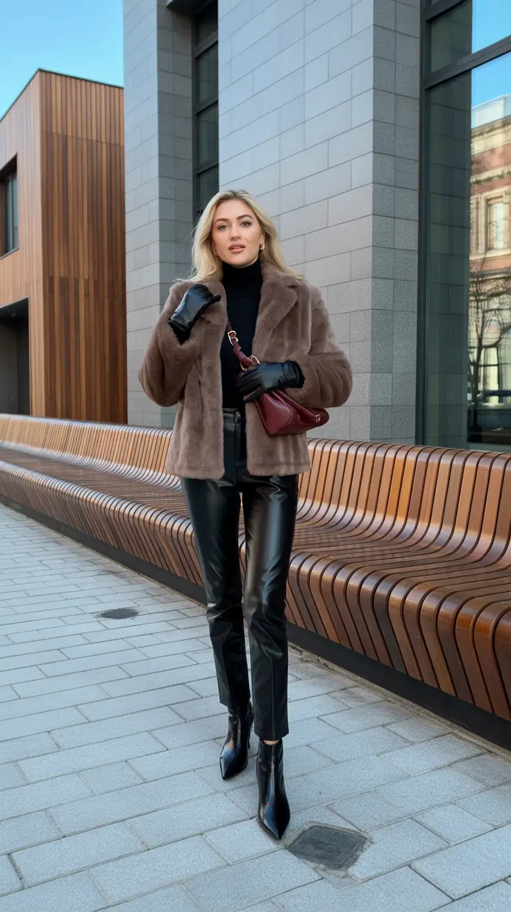 casual winter outfits 2025-2026 Leather & Faux Fur: The Street-Style MVP