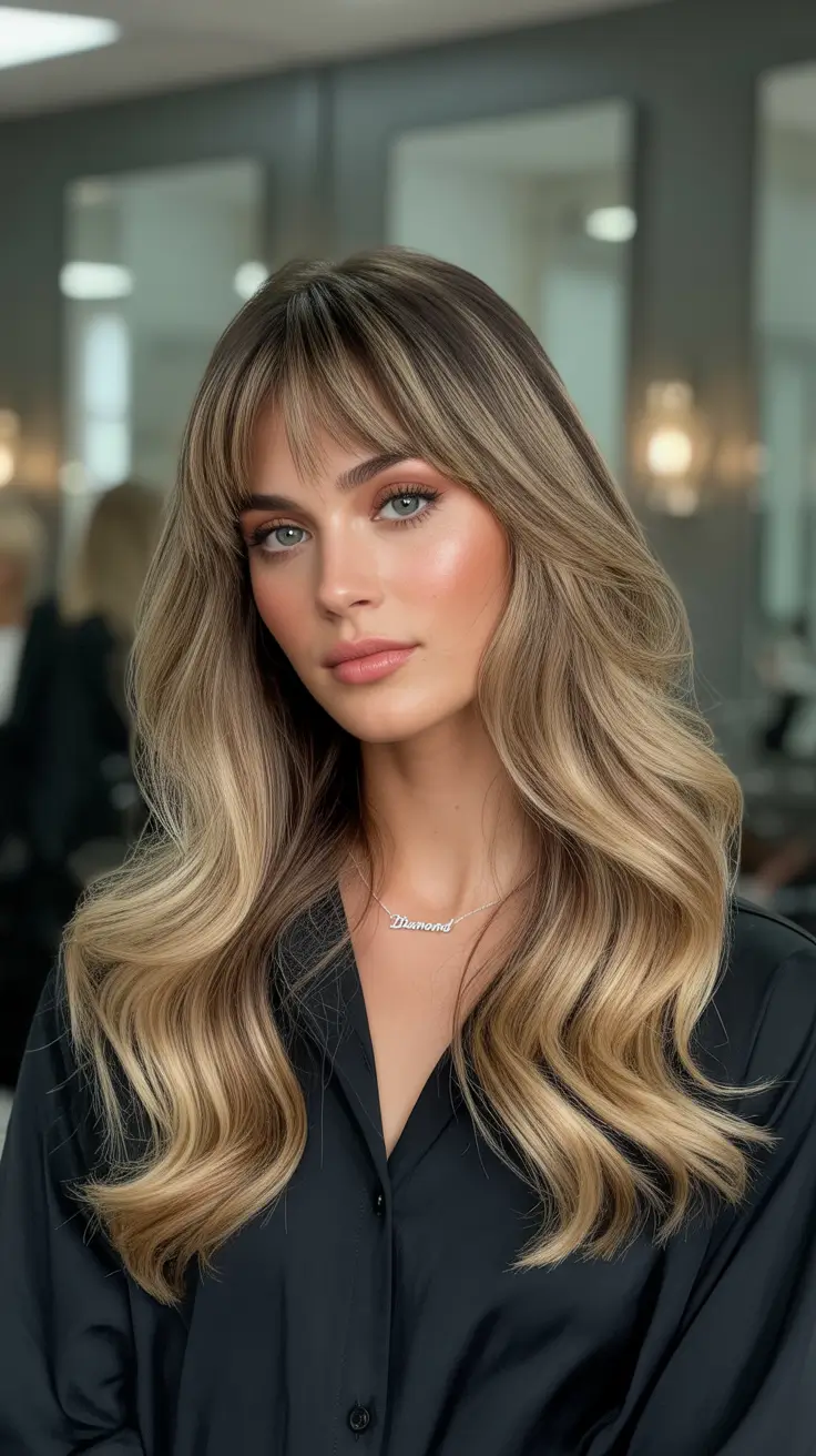 cute winter haircuts 2025-2026 Wavy Long Hair with Bangs