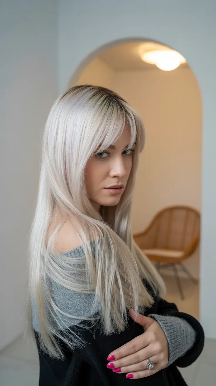 cute winter haircuts 2025-2026 Platinum Long Hair with Bangs