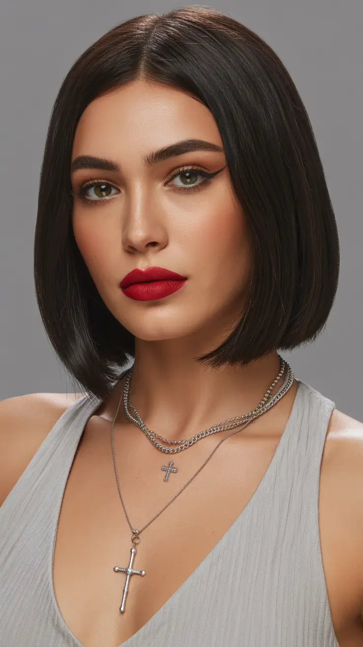 cute winter haircuts 2025-2026 Sharp Bob with Red Lips