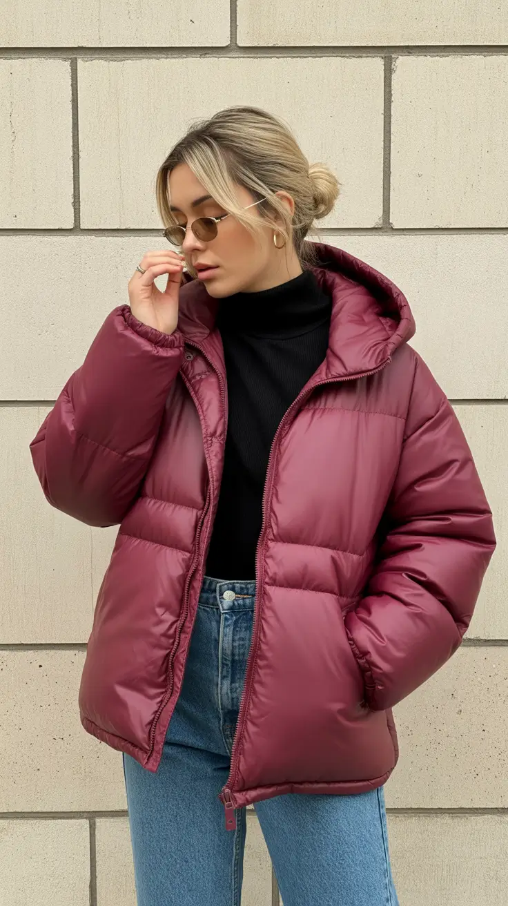 cute winter outfits 2025-2026 Burgundy Puffer Pop