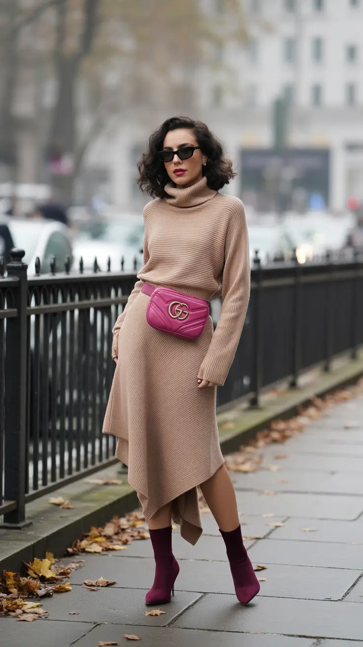 cute winter outfits 2025-2026 Neutral Knit Elegance With a Pop of Color