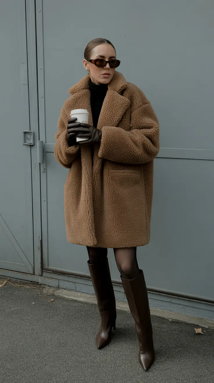 cute winter outfits 2025-2026 Teddy Coat and Tall Boots Sophistication