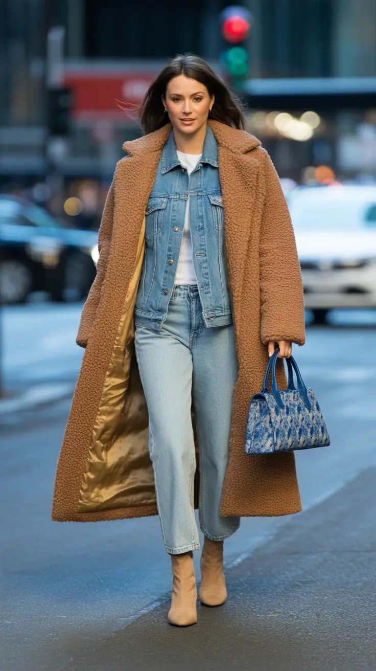 cute winter outfits 2025-2026 Cozy Denim Layers With a Statement Coat