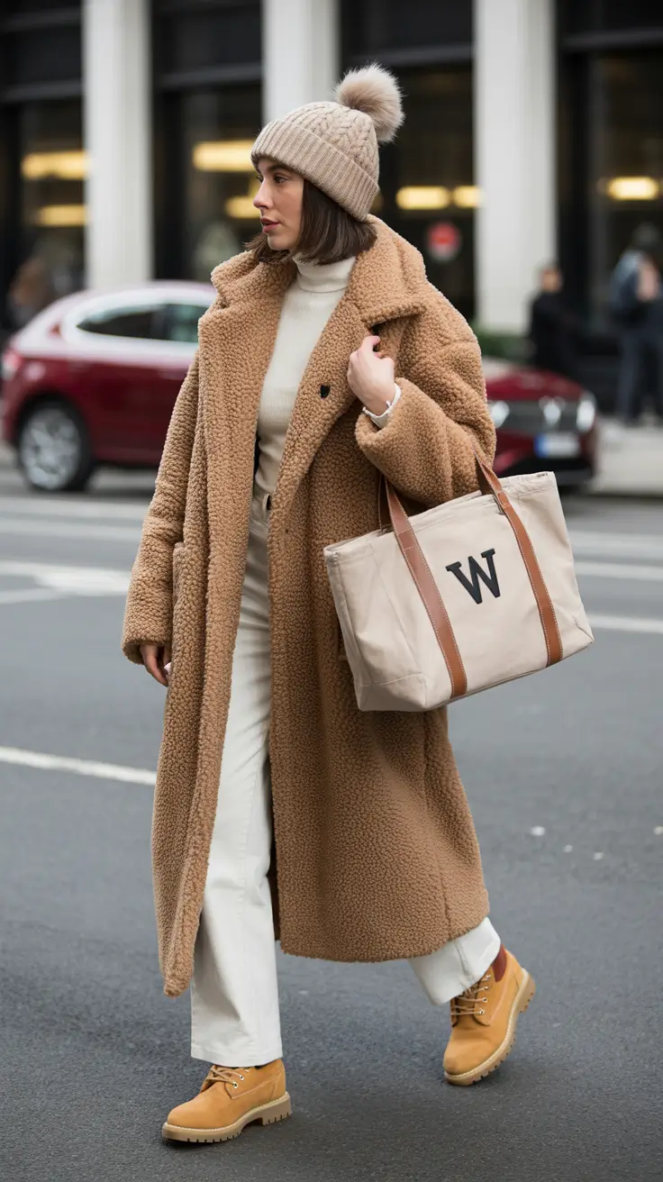 cute winter outfits 2025-2026 Long Teddy and Timberlands Balance