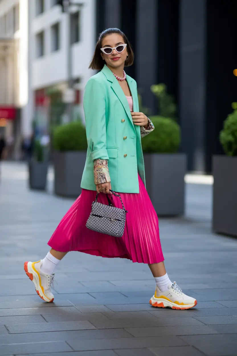 early winter outfits 2025 Mint Blazers and Hot Pink Pleats