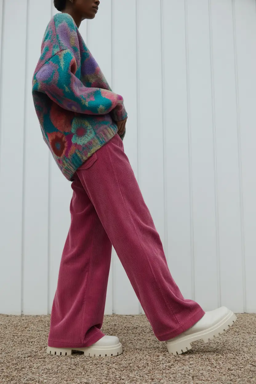 early winter outfits 2025 Bold Florals & Corduroy Calm