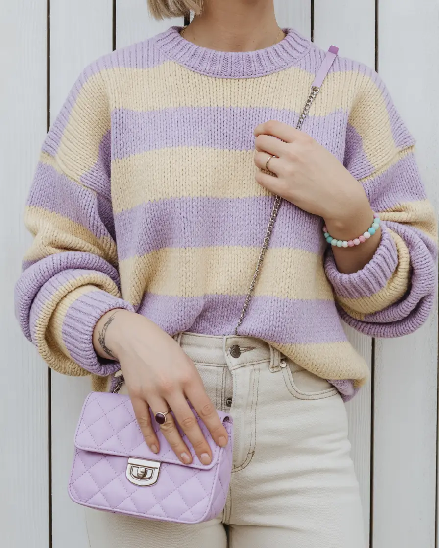 early winter outfits 2025 Pastel Knits and Vanilla Cream Jeans
