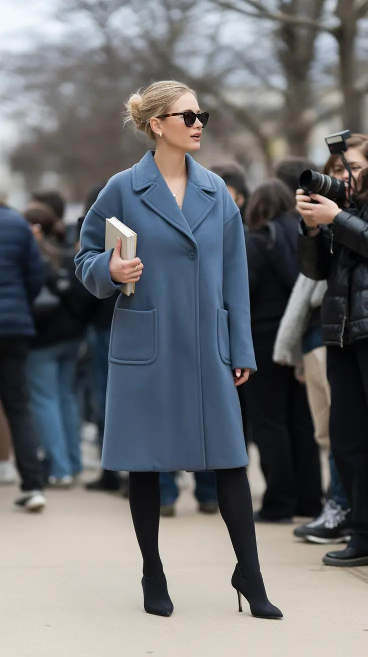 classy winter outfits 2025-2026 Blue Coat Sophistication