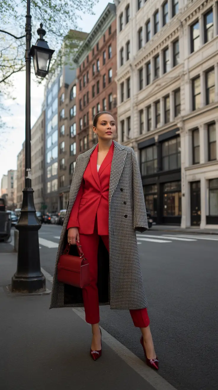 classy winter outfits 2025-2026 Red Suiting with a Classic Check