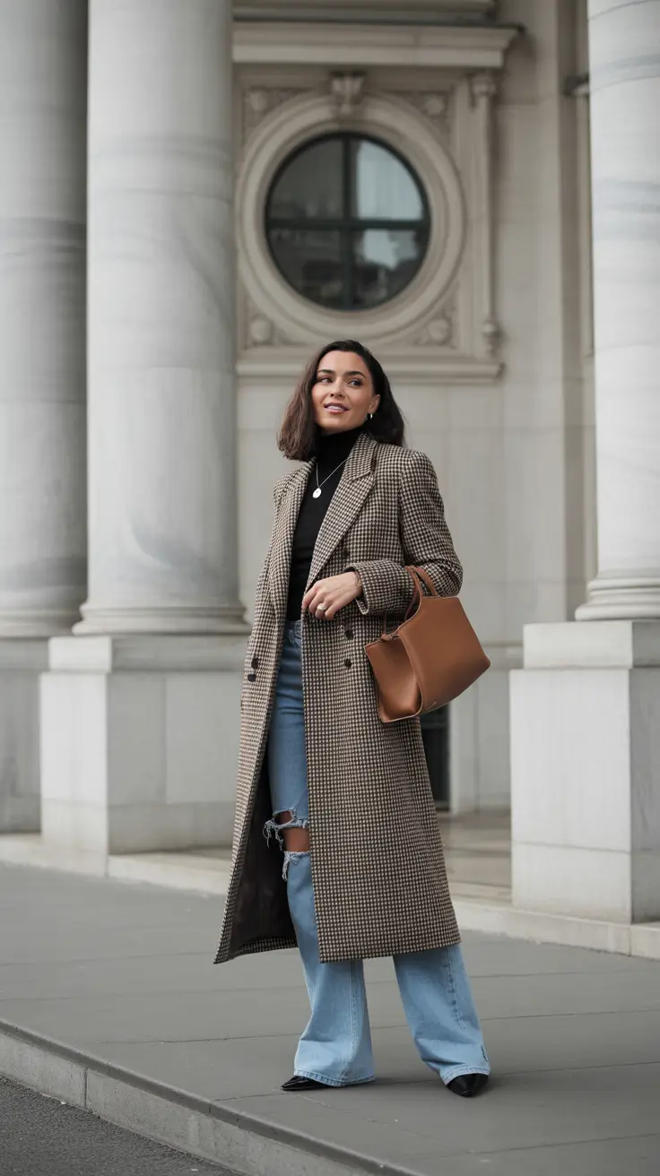classy winter outfits 2025-2026 Checkered Coat with Casual Energy