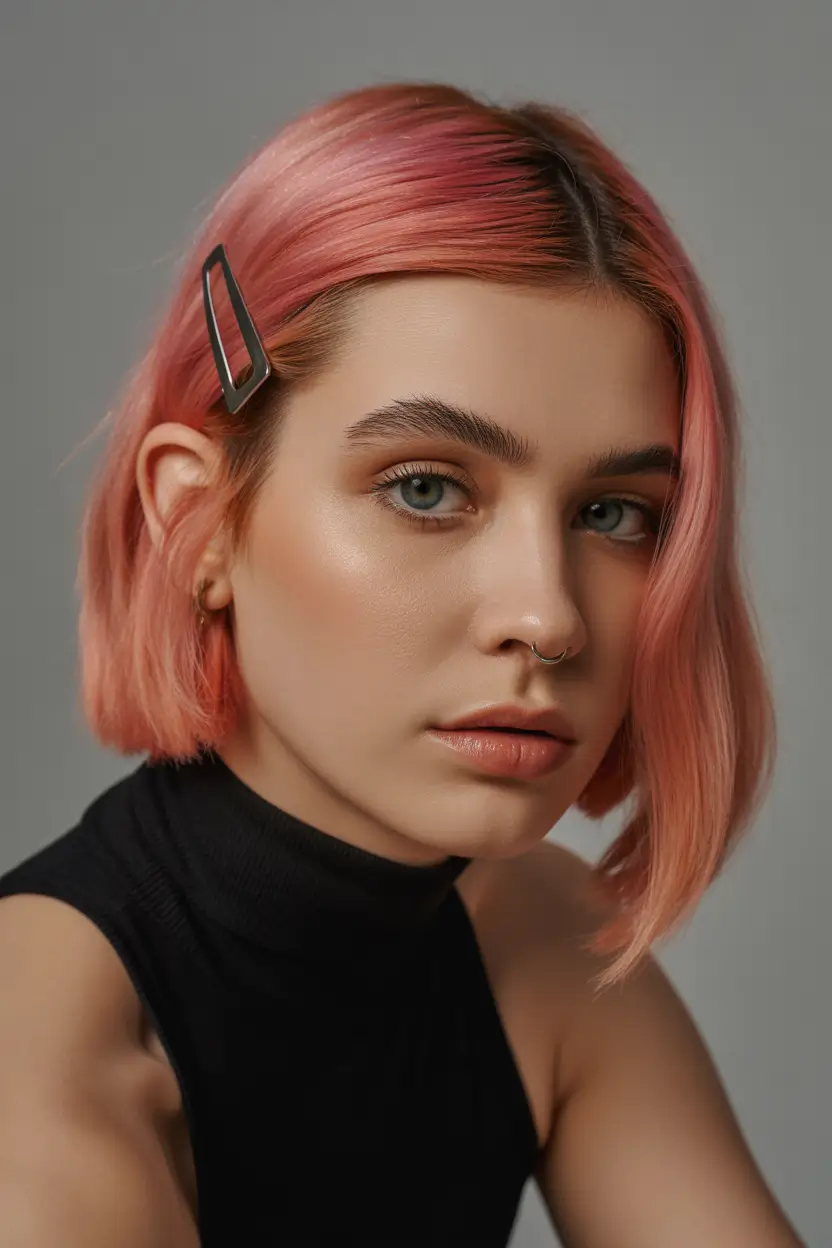 Fall bob hairstyle 2025 Sleek Pink Bob with Statement Clip
