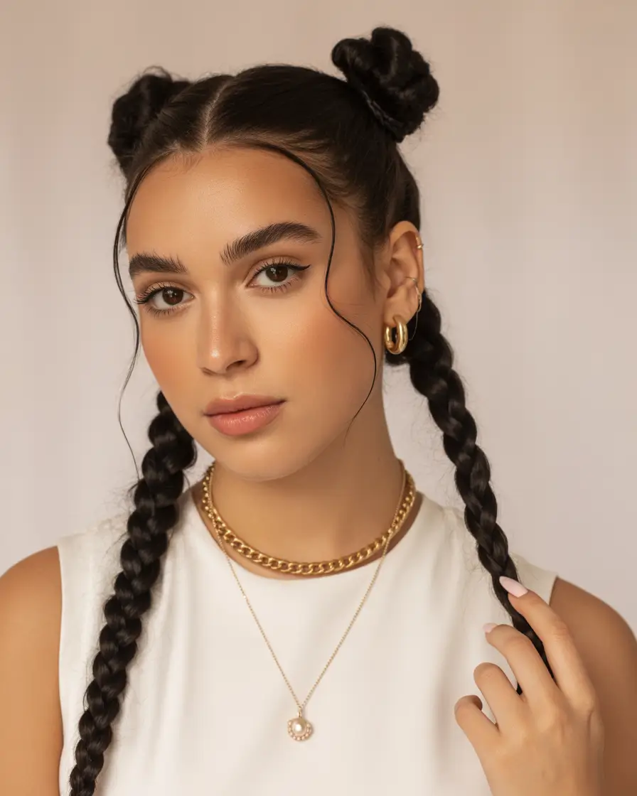 Fall braids hairstyle 2025 Box Braided Space Buns Meets Sleek Twin Braids