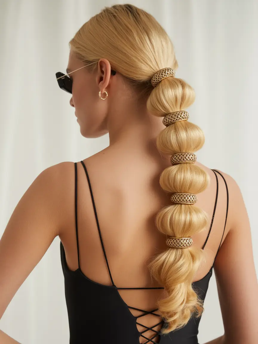 Fall braids hairstyle 2025 Structured Gold-Cuffed Bubble Ponytail