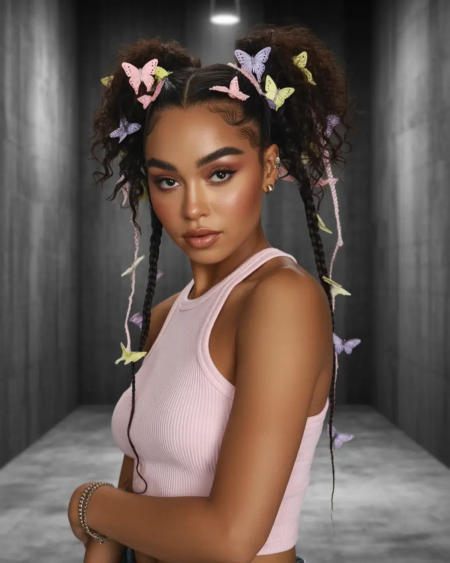 Fall braids hairstyle 2025 Butterfly-Adorned Afro Puff Braids