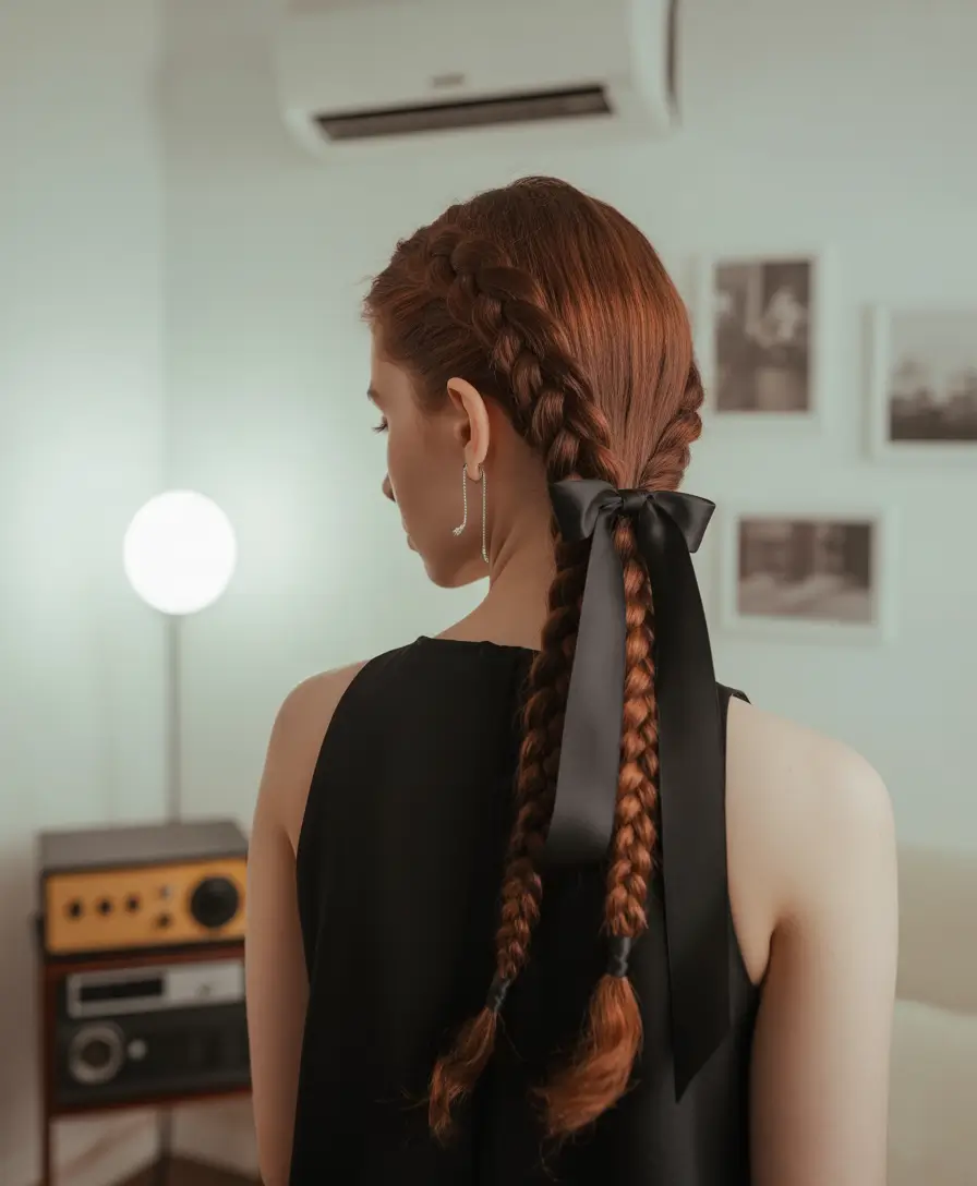 Fall braids hairstyle 2025 Double Dutch Braids with Satin Ribbon Finish