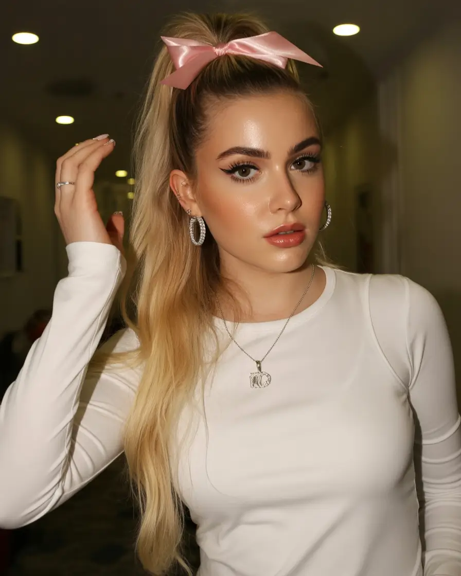 Fall hairstyle for long hairs High Pony with a Velvet Bow