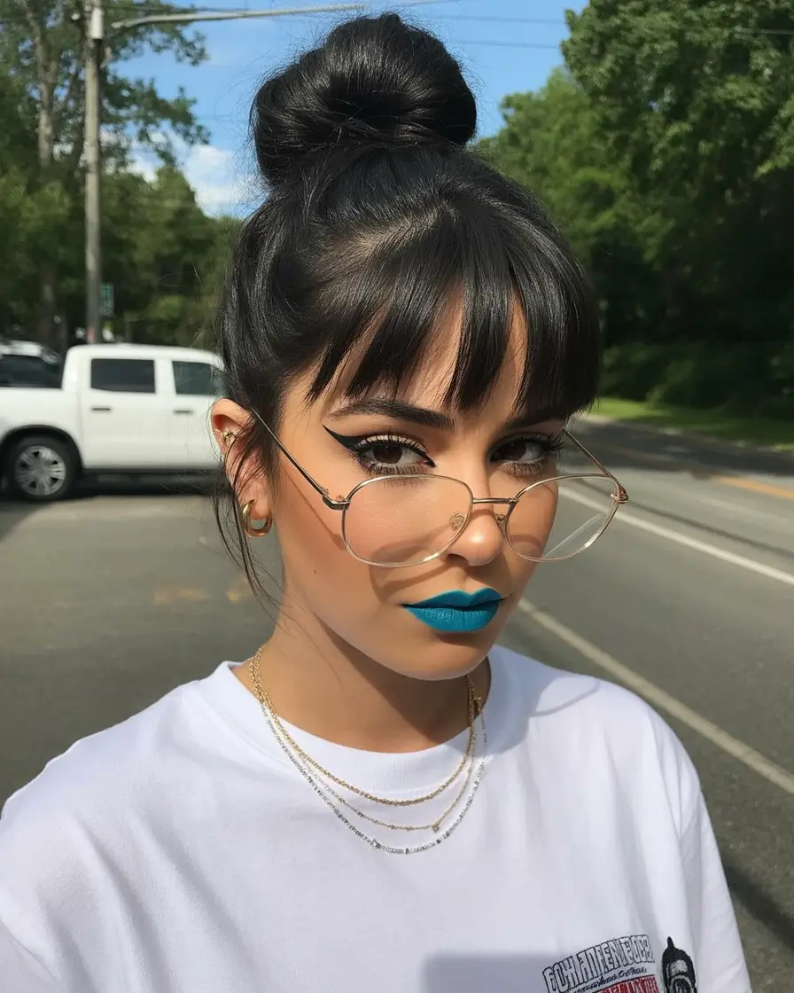 Fall hairstyle for long hairs Messy Bun and Full Bangs