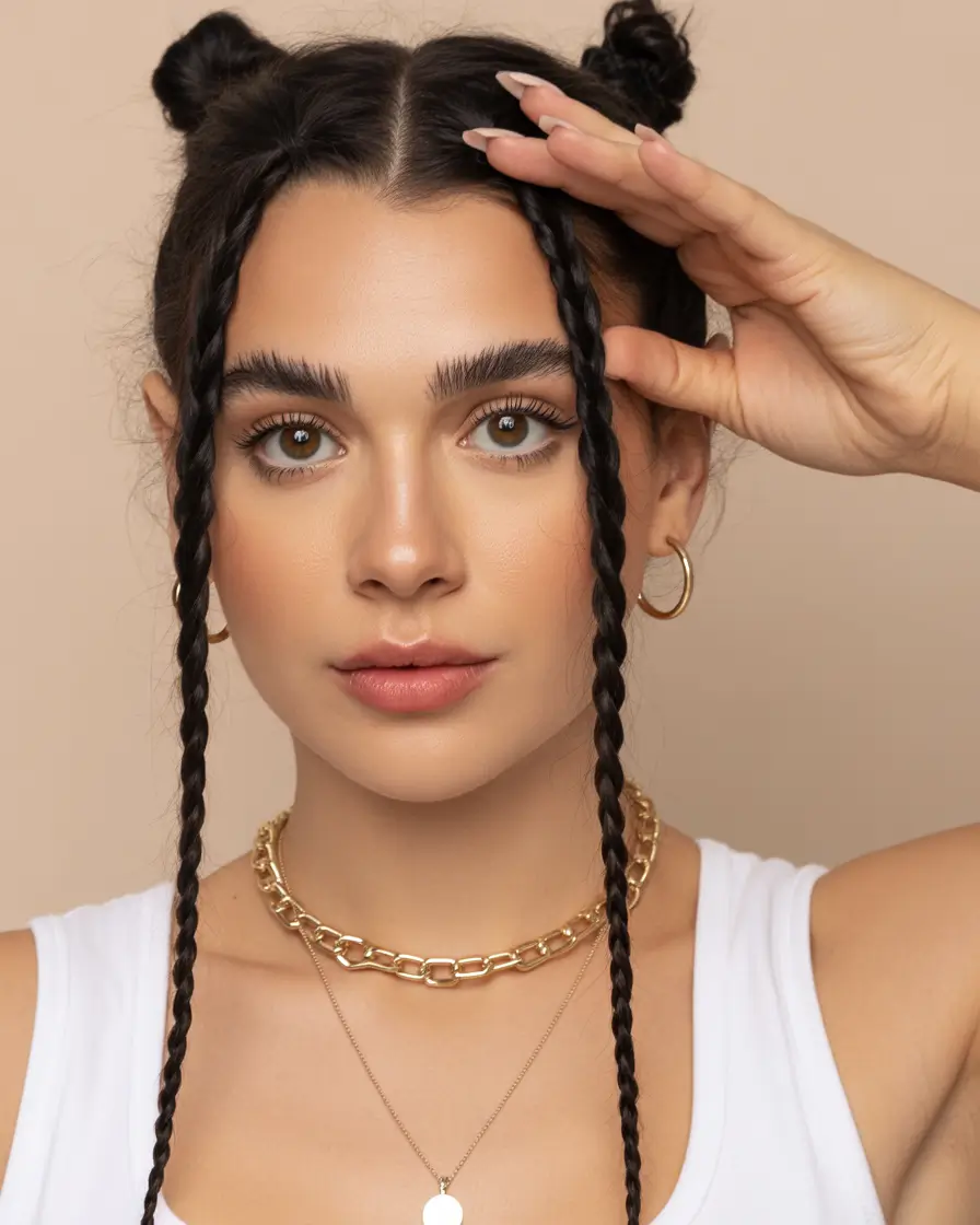 Fall hairstyle for long hairs Mini Buns with Front Braids