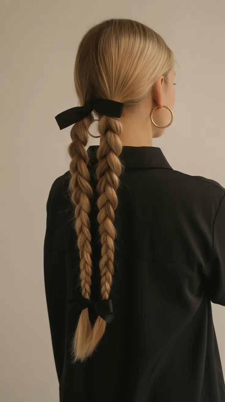 Fall hairstyle for long hairs Classic Braided Twins with Velvet Ribbons