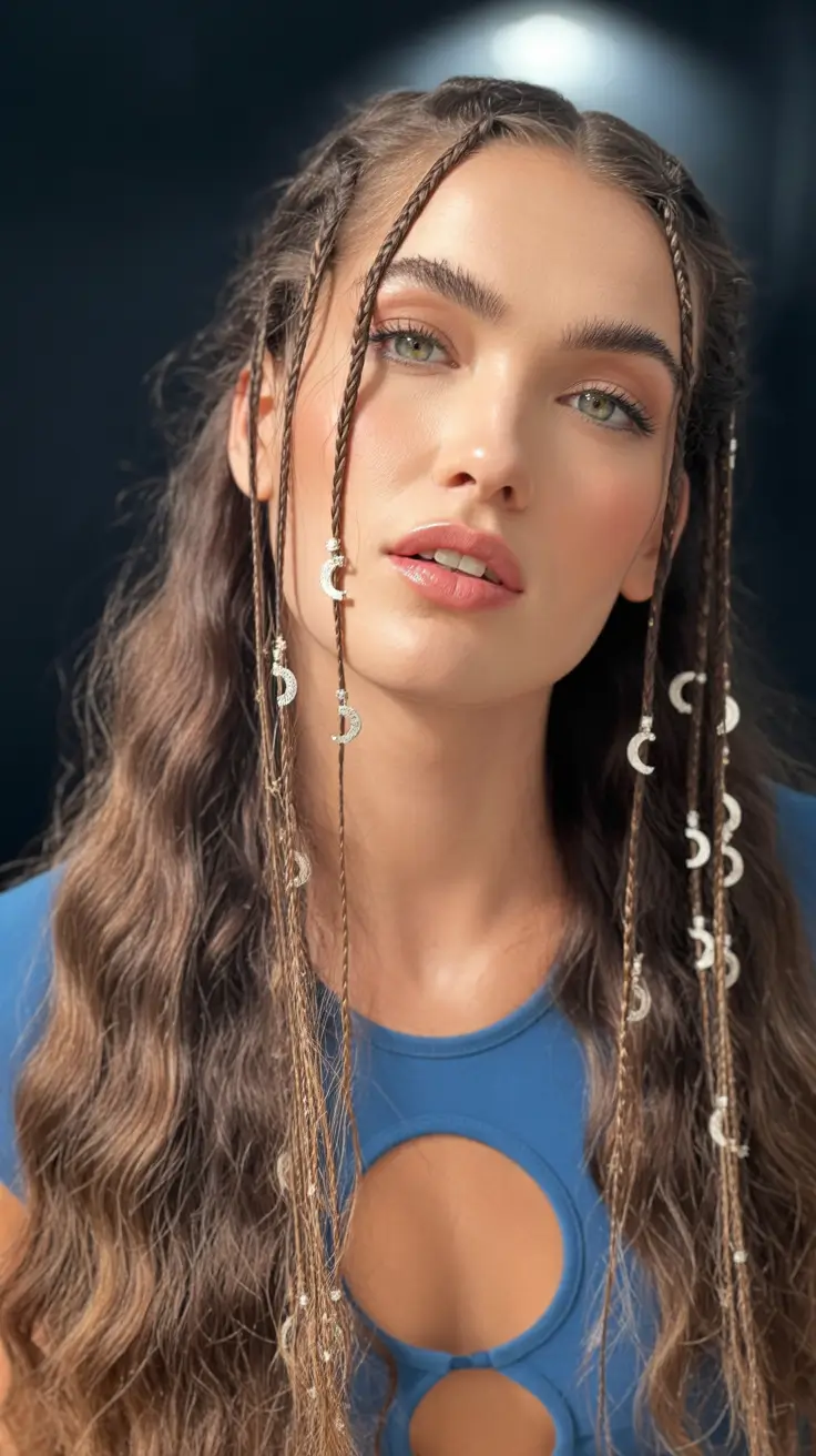 Fall hairstyle for long hairs Face-Framing Micro Braids with Charms