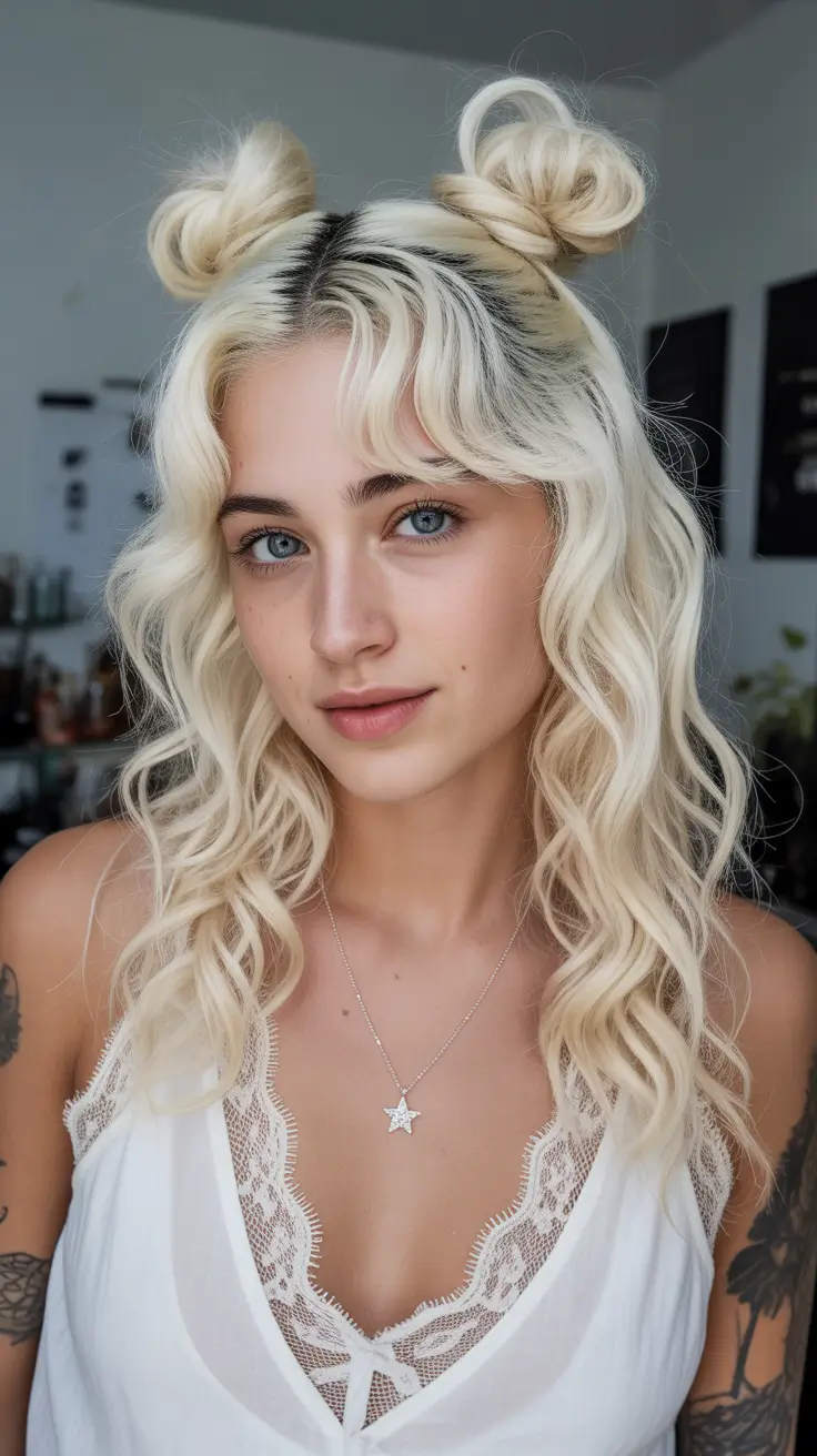 Fall hairstyle for long hairs Blonde Buns and Bouncy Bangs