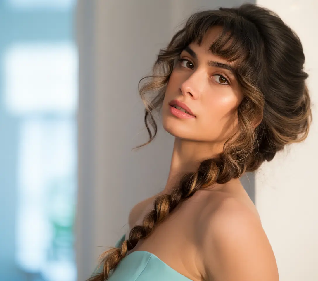 Fall hairstyle for long hairs Big Braid with Bardot Bangs