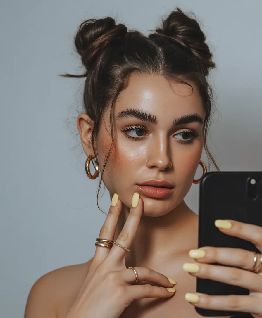 Fall hairstyle for medium hair 2025 Double Buns with Face-Framing Tendrils