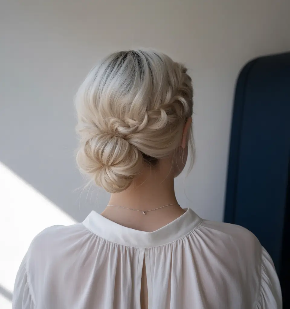 Fall hairstyle for medium hair 2025 Twisted Crown Low Bun