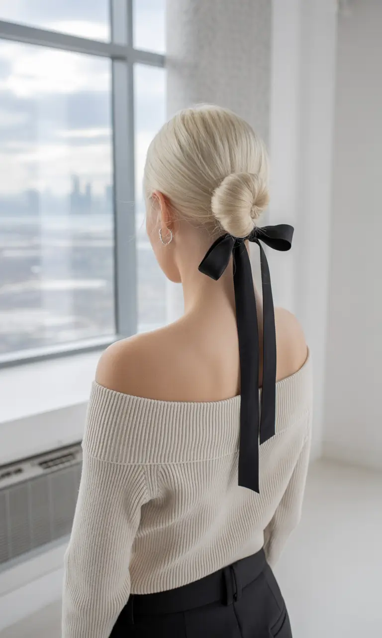 Fall hairstyle for medium hair 2025 Classic Bun with Ribbon Tie