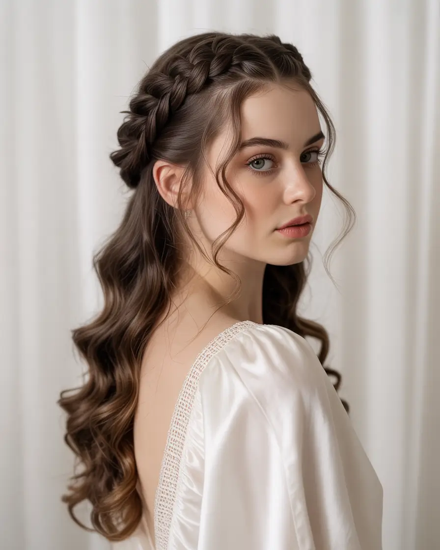 Fall hairstyle for medium hair 2025 Crown Braid with Soft Curls