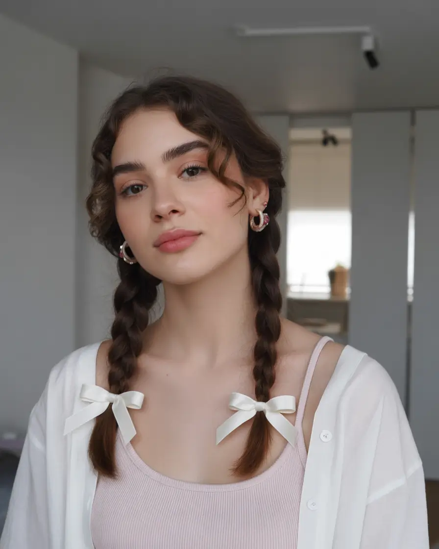 Fall hairstyle for medium hair 2025 Pigtail Braids with Ribbons