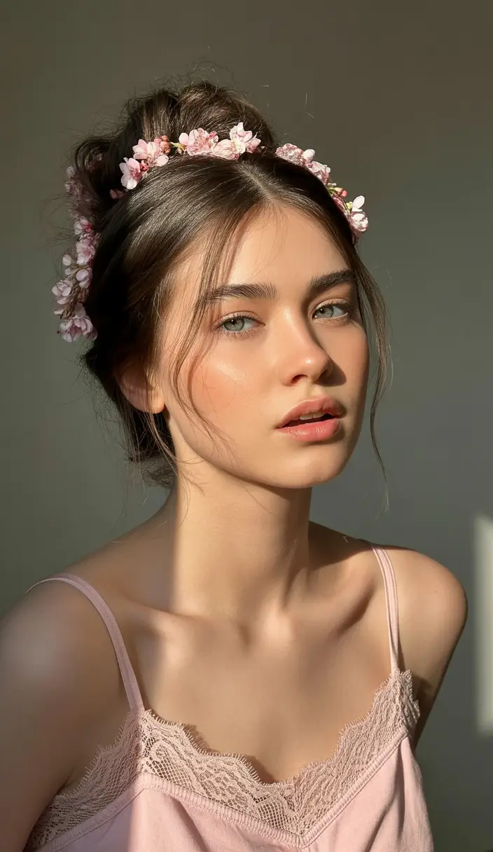Fall hairstyle for medium hair 2025 Romantic Crown with Blossoms