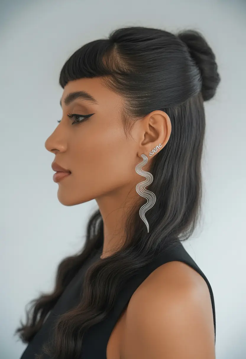 Fall hairstyle for medium hair 2025 French Bangs Half-Up Bun
