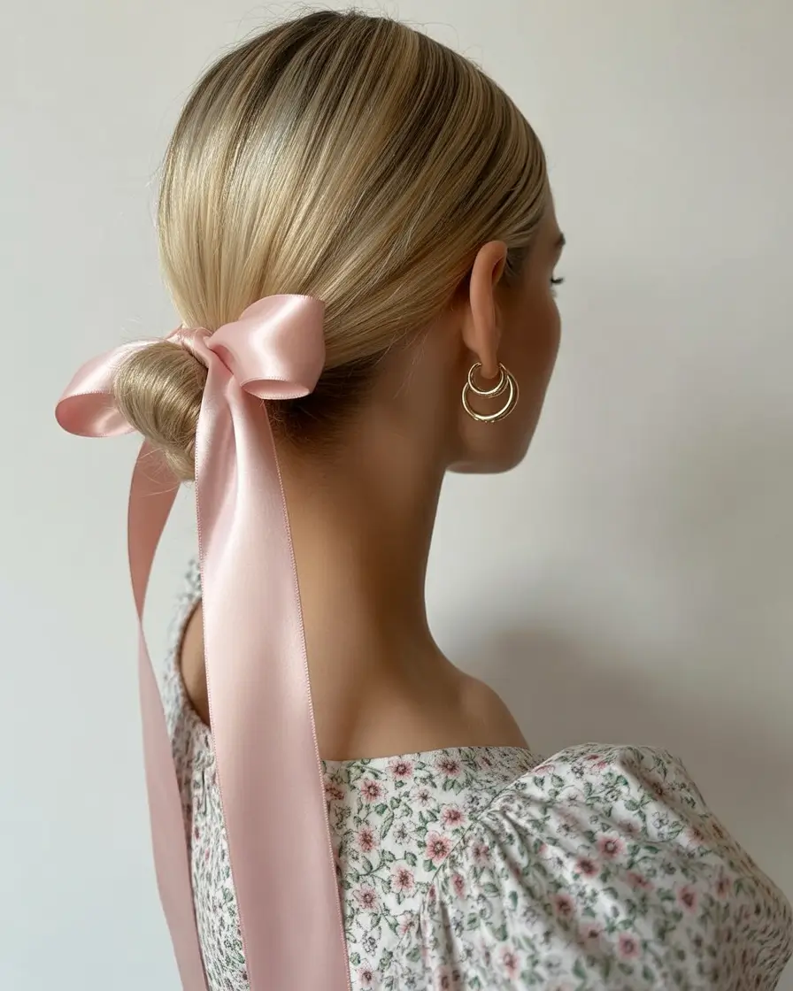 Fall hairstyle for medium hair 2025 Sleek Low Bun with Ribbon