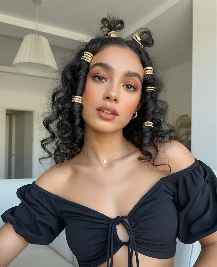 Fall hairstyle for medium hair 2025 Curly Bubble Sections with Mini Buns