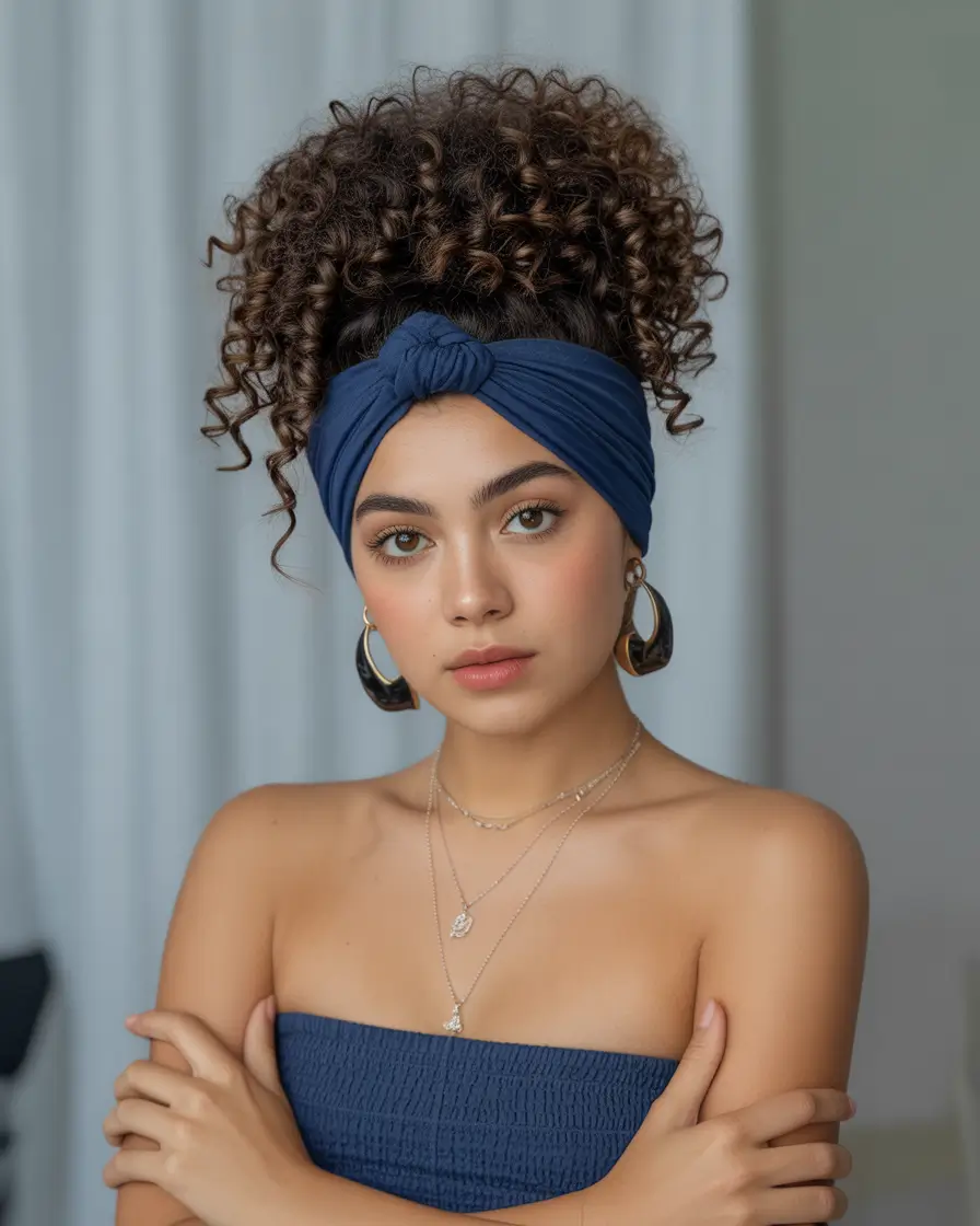 Fall hairstyle for medium hair 2025 Curly High Puff with Knotted Headband