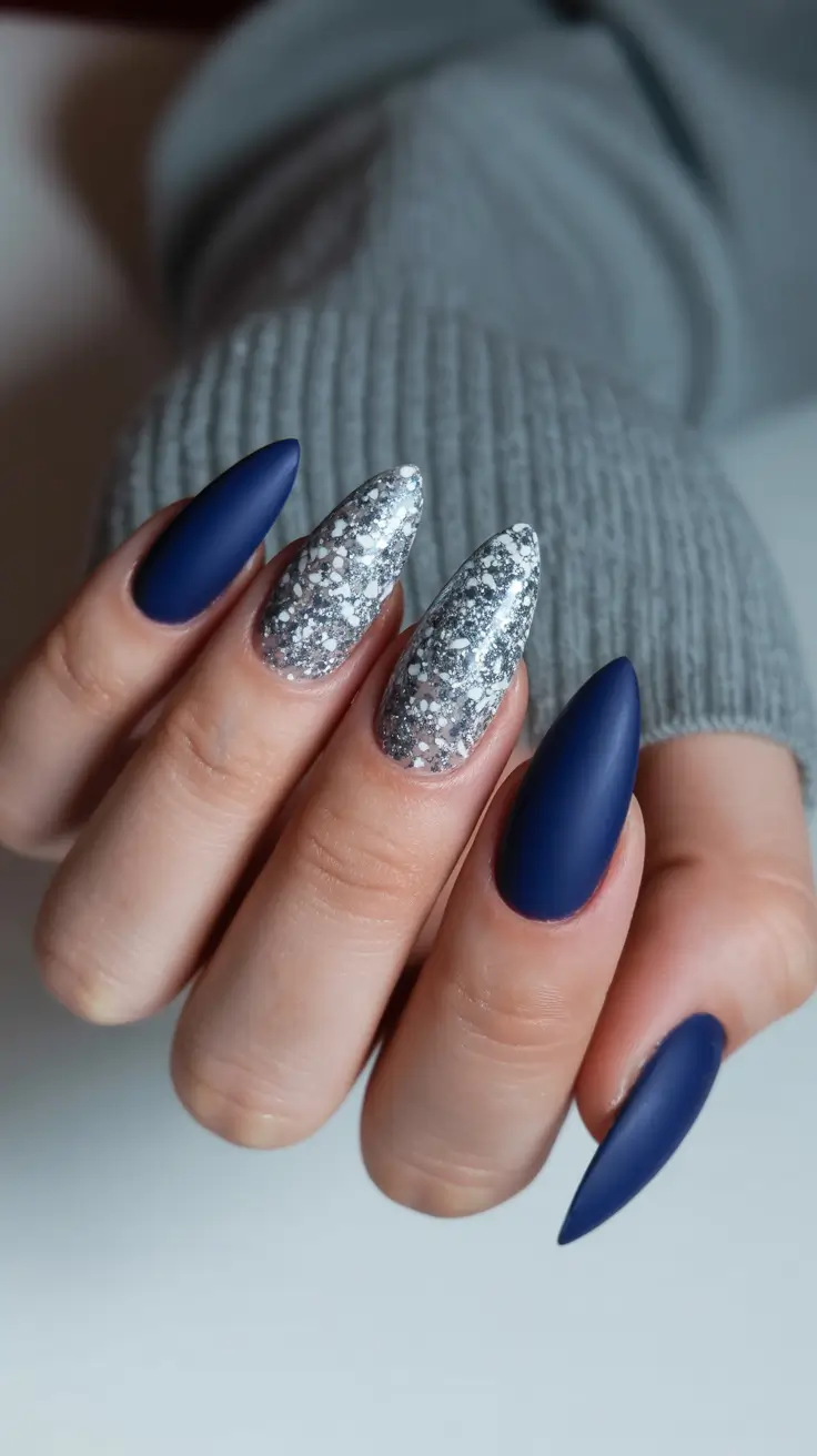 fall into winter 2025 nail ideas Midnight Blue Sparkle