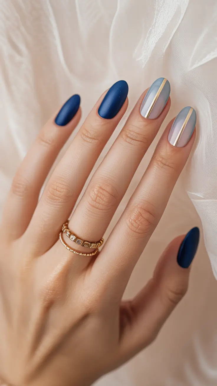 fall into winter 2025 nail ideas Blue Velvet Stripes