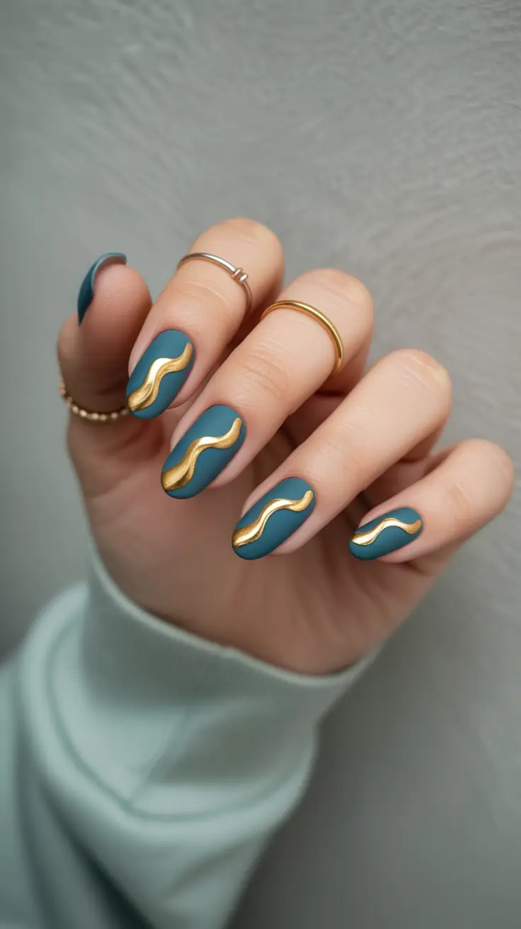 fall into winter 2025 nail ideas Teal Elegance with Golden Waves