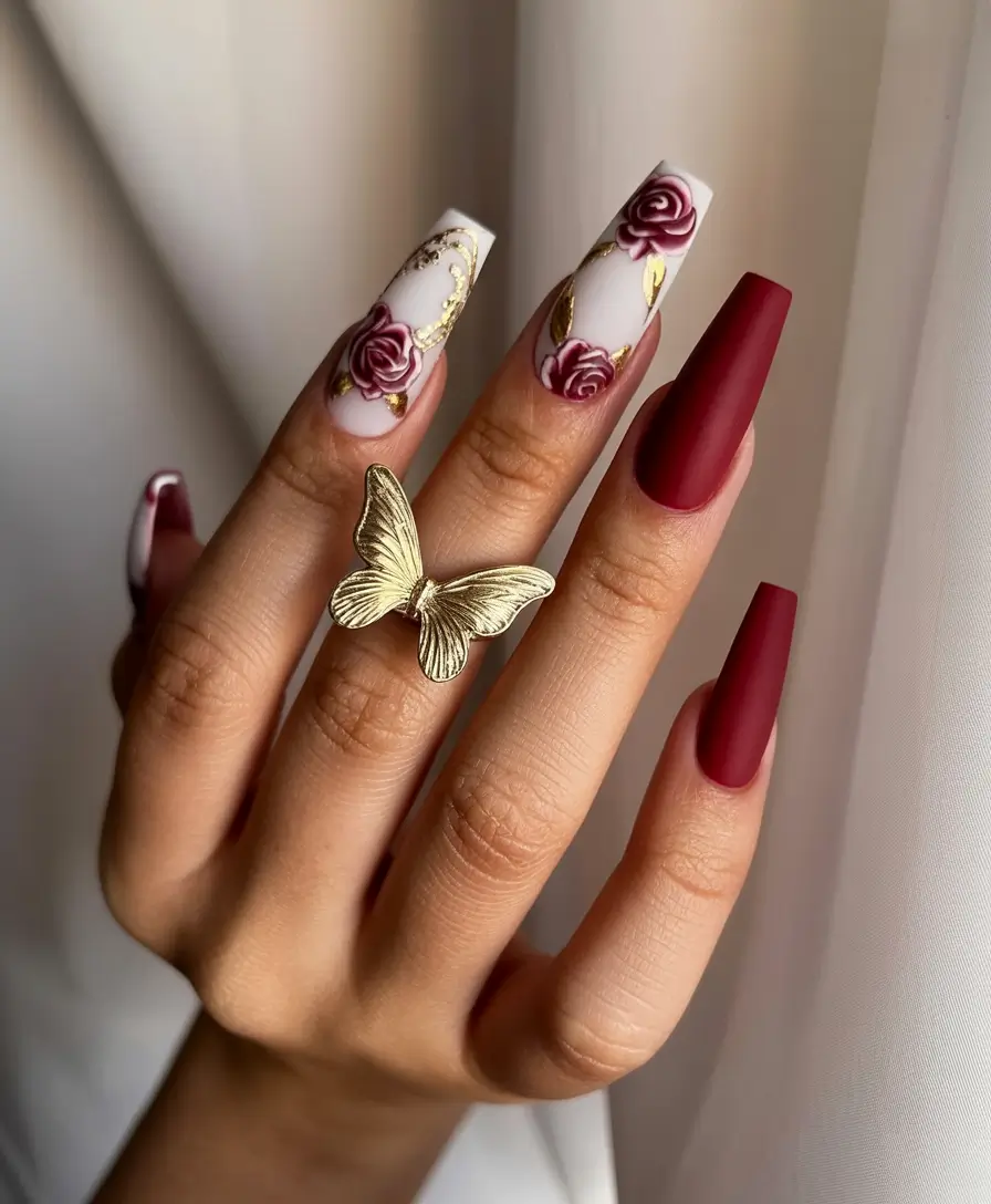 fall into winter 2025 nail ideas Romantic Burgundy with Floral Details