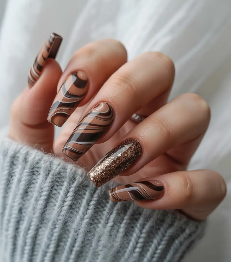 fall into winter 2025 nail ideas Chocolate Marble with Glitter Accent
