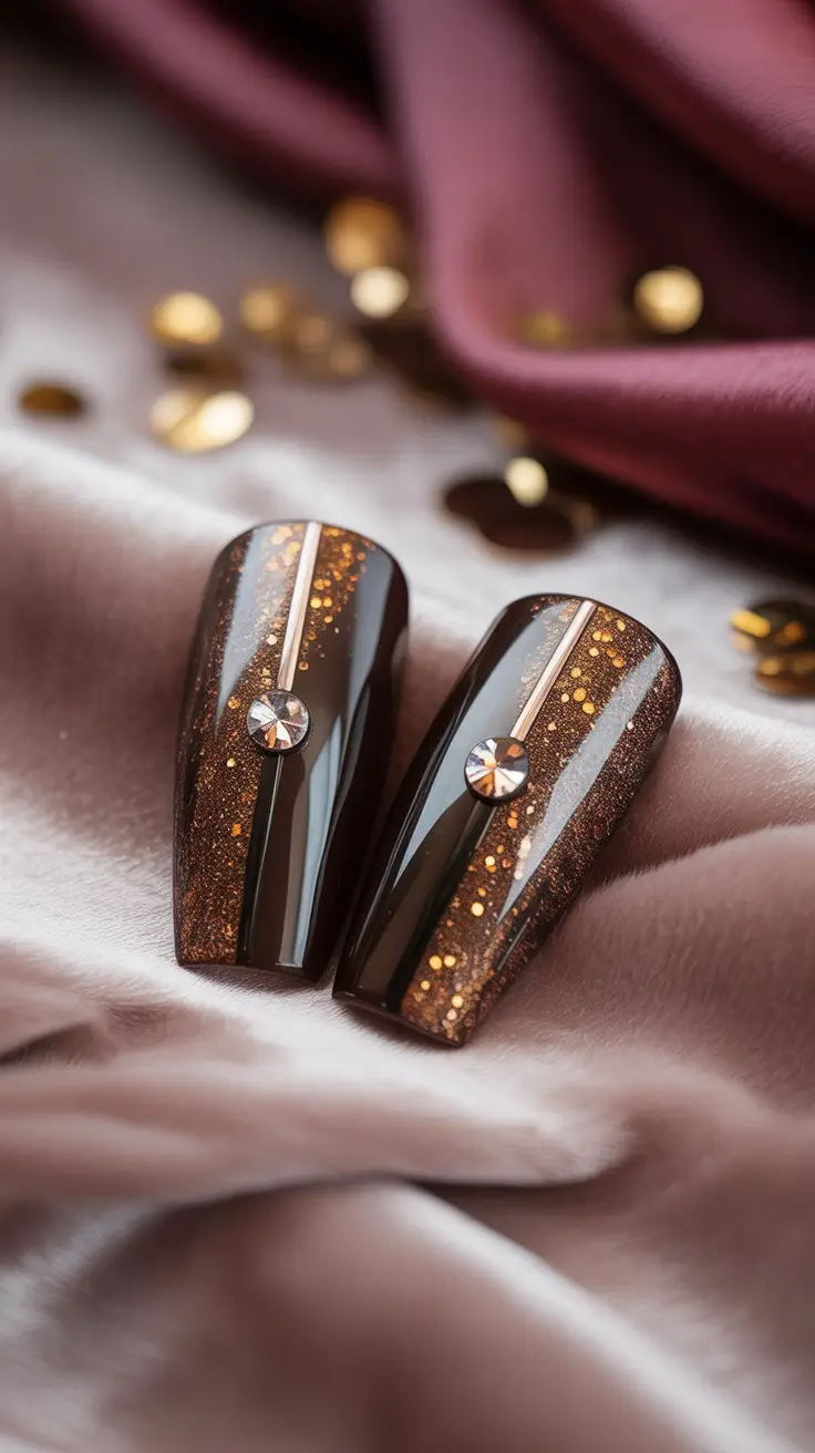fall into winter 2025 nail ideas Glossy Espresso with Golden Line