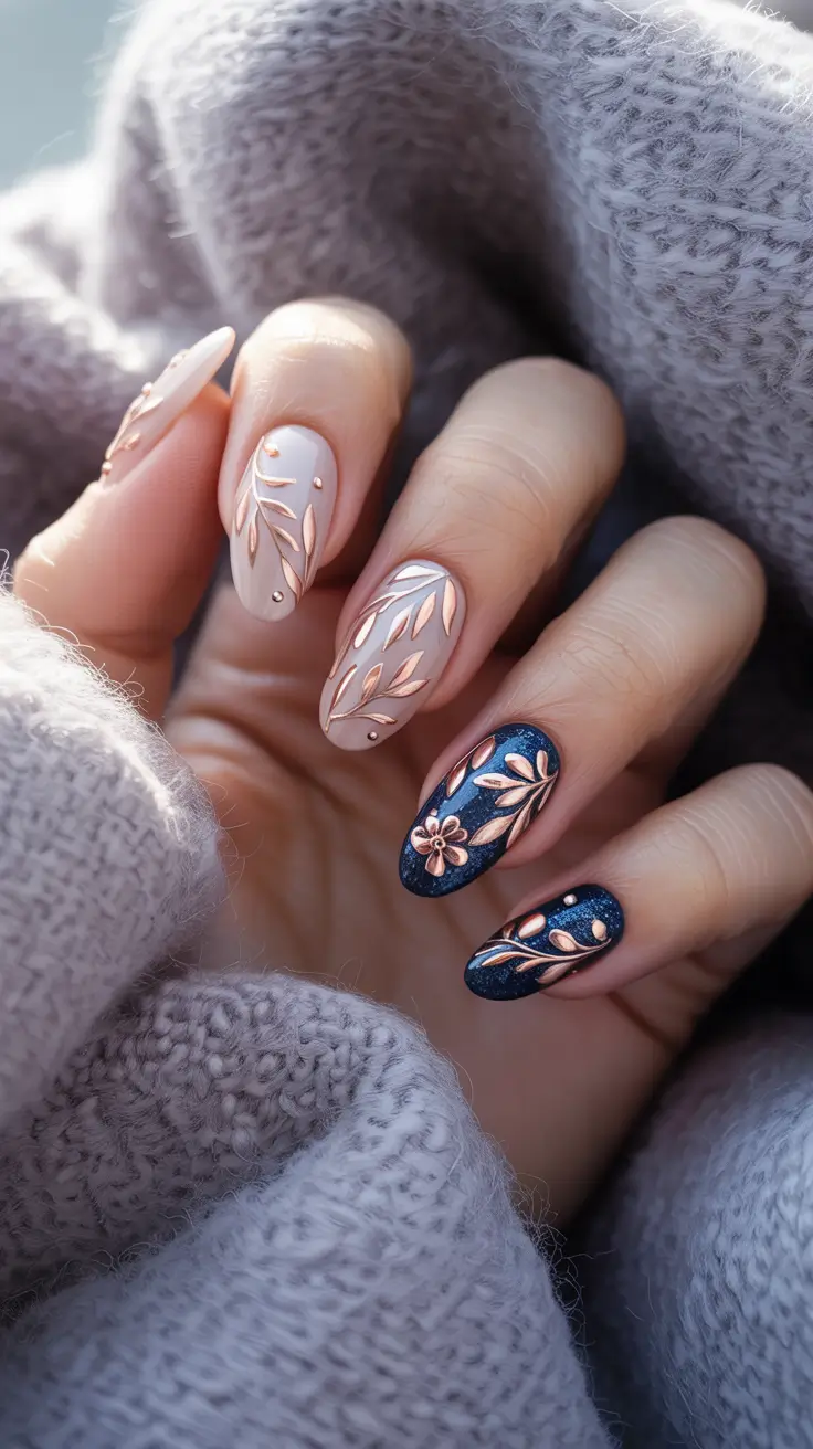 fall into winter 2025 nail ideas Soft Neutrals with Rose Gold Leaves