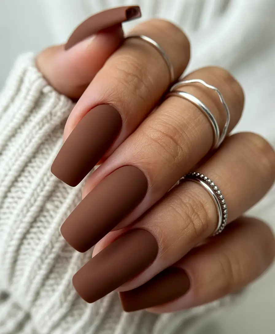 fall into winter 2025 nail ideas Matte Chocolate Elegance