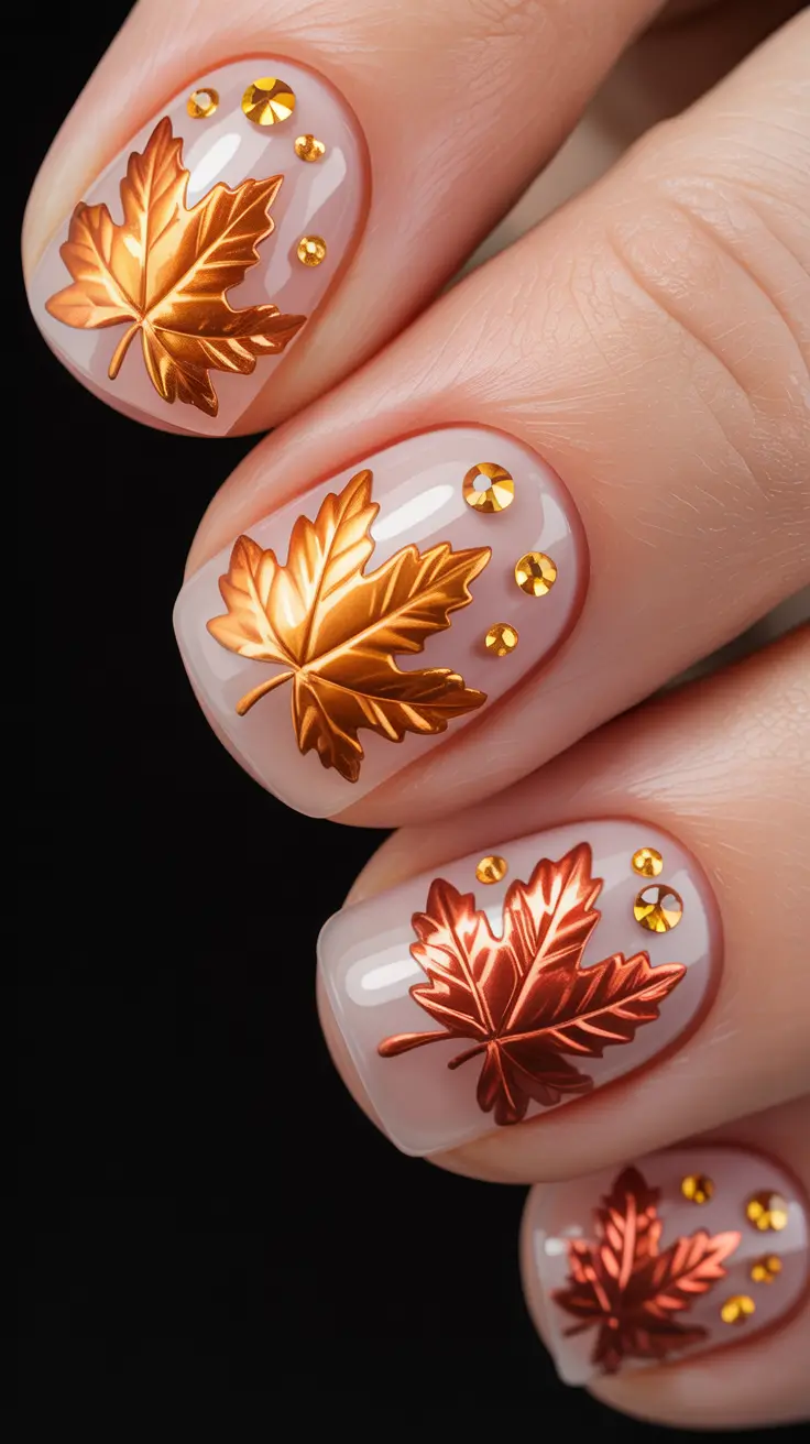 Fall Nails with 3D Effects 2025 Golden Leaf Glamour