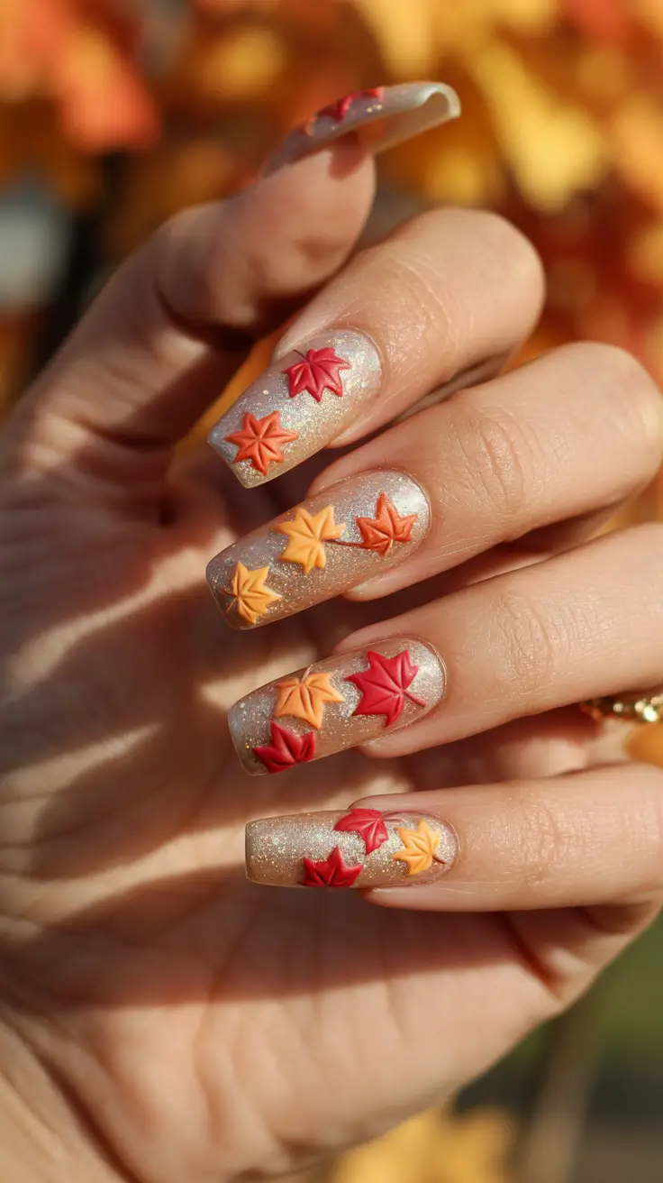 Fall Nails with 3D Effects 2025 Falling Leaves Cascade