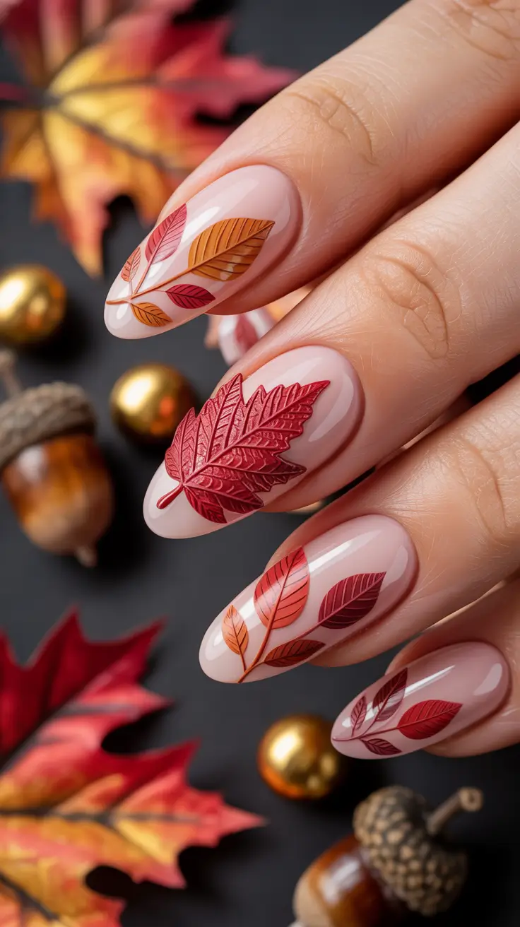 Fall Nails with 3D Effects 2025 Autumn Leaves in Layers