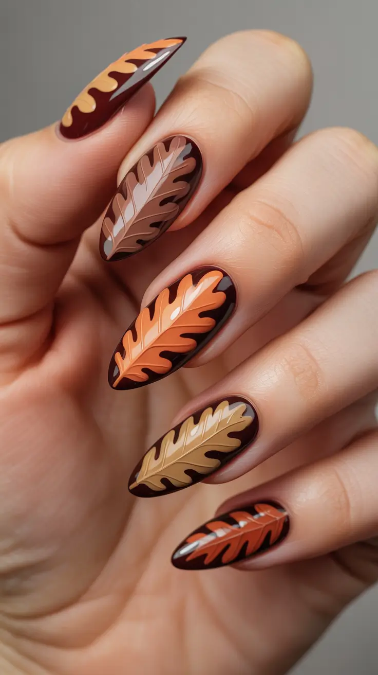 Fall Nails with 3D Effects 2025 Bold Oak Leaf Drama